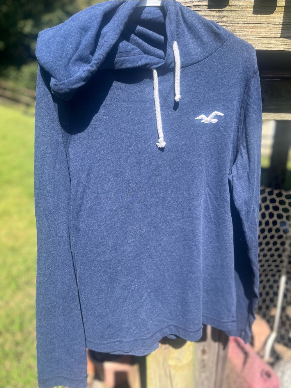 Hollister Navy Blue Pullover Hoodie with White Drawstrings